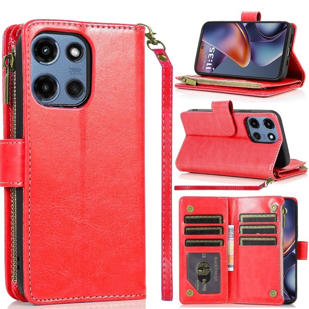 for moto g 5g 2025/2026 g play 2026 luxury wallet card id zipper money holder case cover red