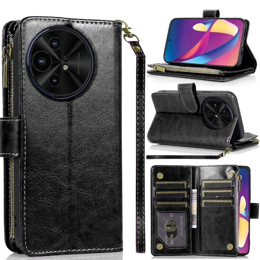 for tcl 50 xl 5g luxury wallet card id zipper money holder case cover black