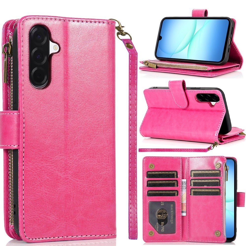 for samsung a17 5g luxury wallet card id zipper money holder case cover hot pink