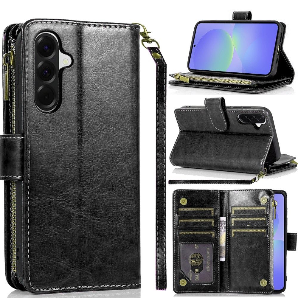 for samsung galaxy a37 luxury wallet card id zipper money holder case cover black