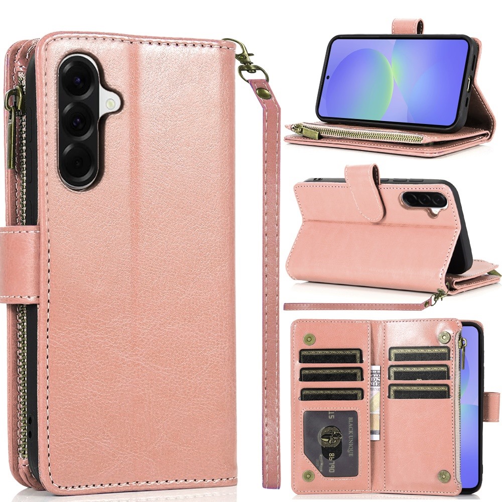for samsung galaxy a37 luxury wallet card id zipper money holder case cover rose gold