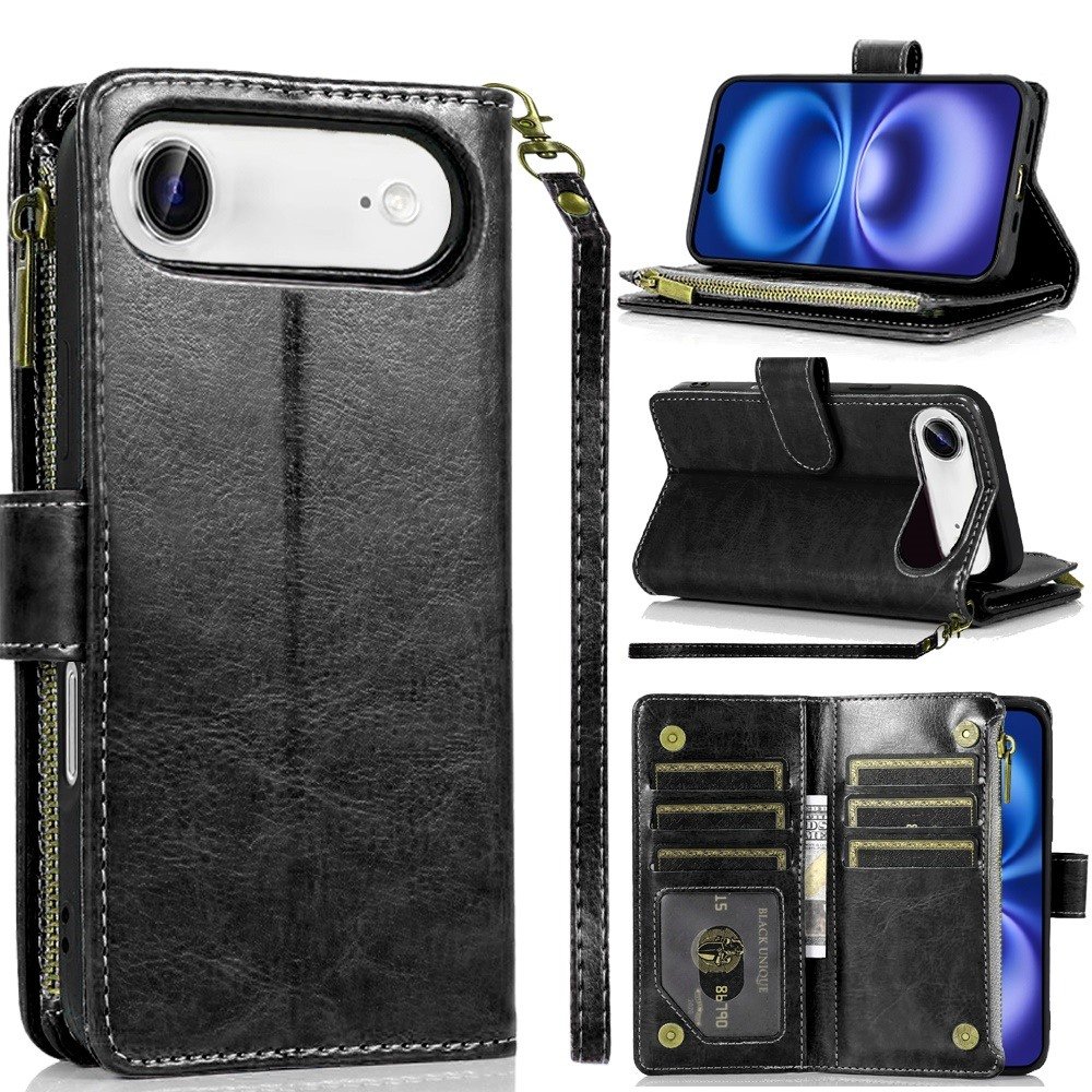 for iphone 17 air luxury wallet card id zipper money holder case cover black