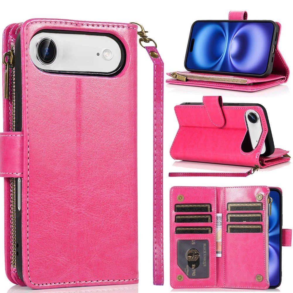 for iphone 17 air luxury wallet card id zipper money holder case cover hot pink