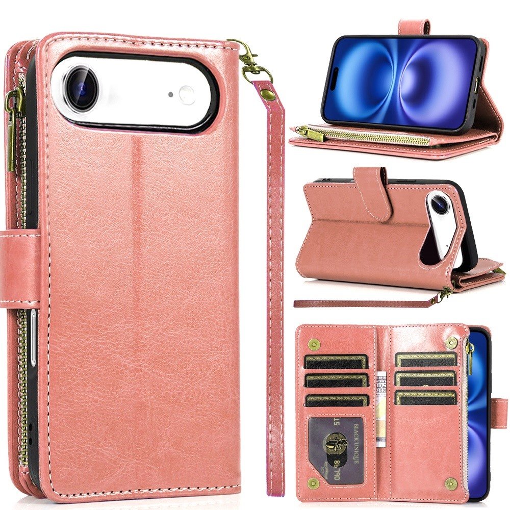 for iphone 17 air luxury wallet card id zipper money holder case cover rose gold