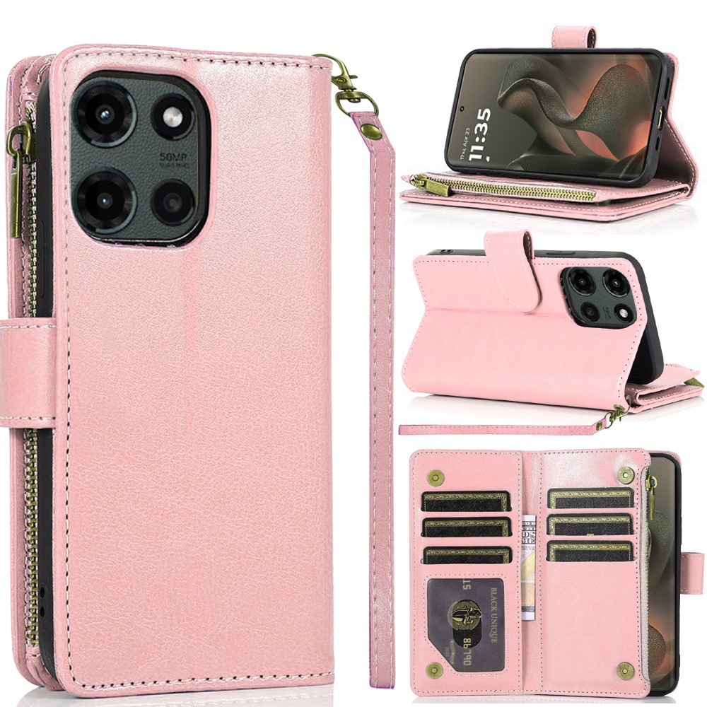for motorola edge 2025 luxury wallet card id zipper money holder case cover rose gold