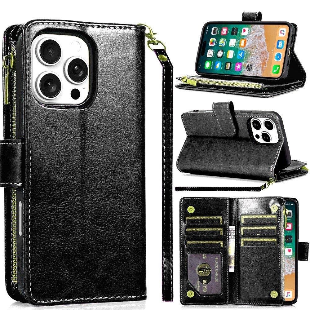 for iphone 16 pro max 6.9 inch luxury wallet card id zipper money holder case cover black