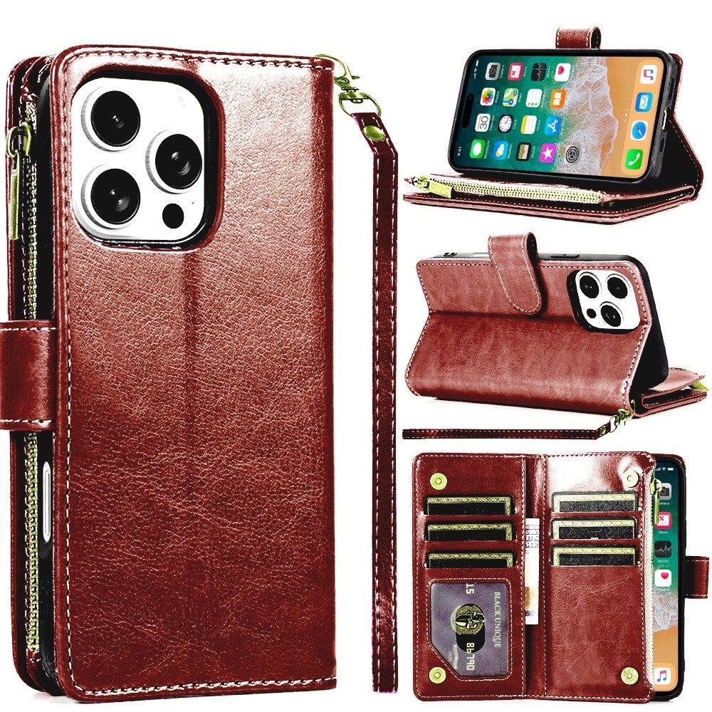for iphone 16 pro max 6.9 inch luxury wallet card id zipper money holder case cover brown