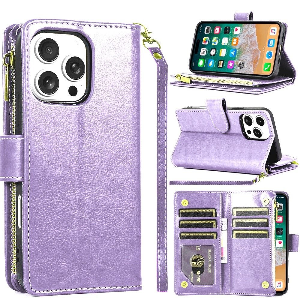 for iphone 16 pro max 6.9 inch luxury wallet card id zipper money holder case cover lavender