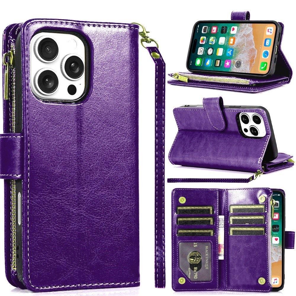 for iphone 16 pro max 6.9 inch luxury wallet card id zipper money holder case cover dark purple