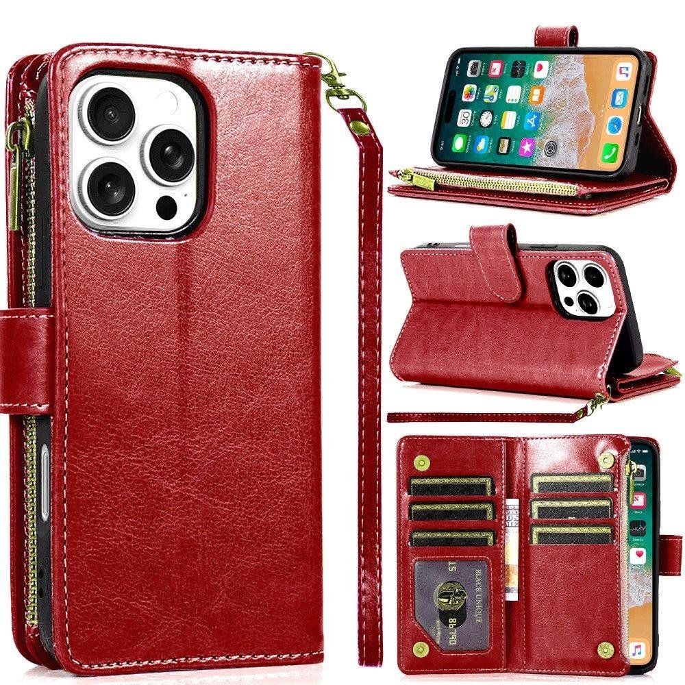 for iphone 16 pro max 6.9 inch luxury wallet card id zipper money holder case cover red