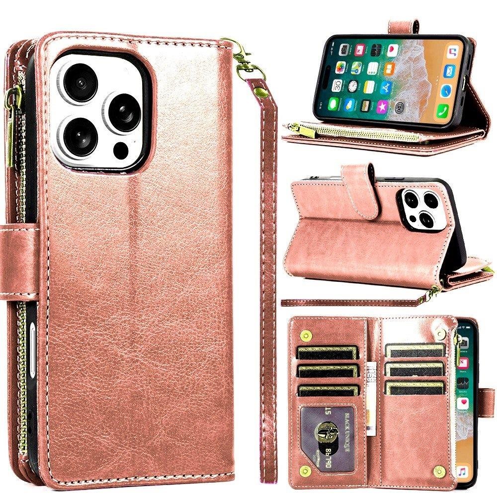 for iphone 16 pro max 6.9 inch luxury wallet card id zipper money holder case cover rose gold