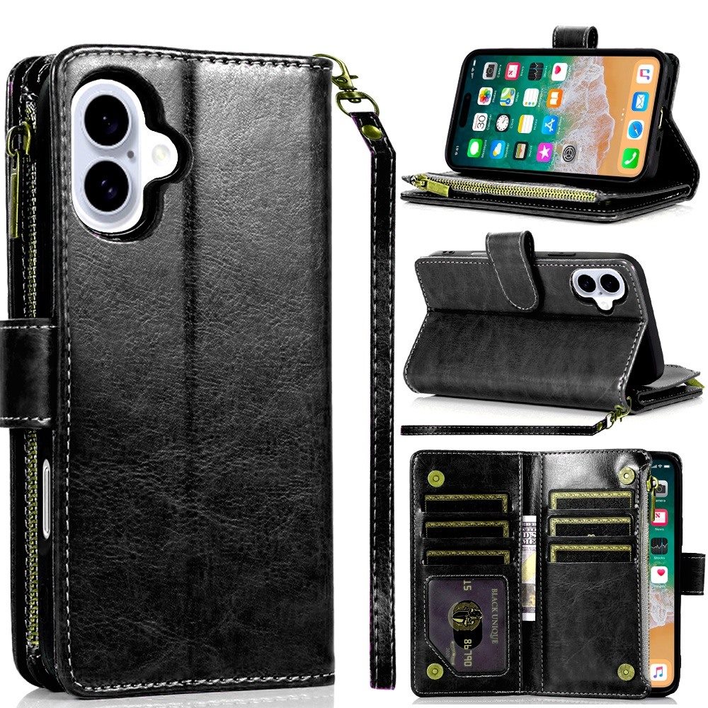 for iphone 16 plus 6.7 inch luxury wallet card id zipper money holder case cover black