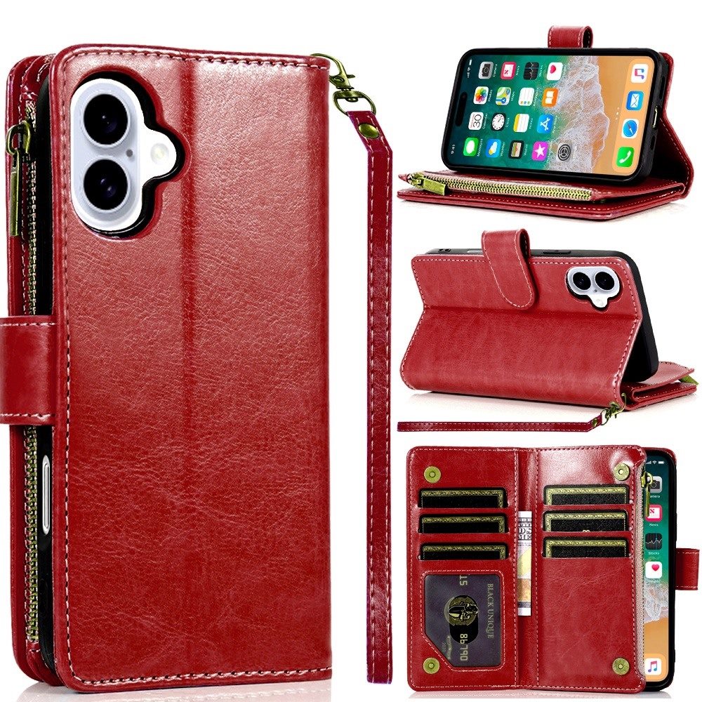 for iphone 16 plus 6.7 inch luxury wallet card id zipper money holder case cover red