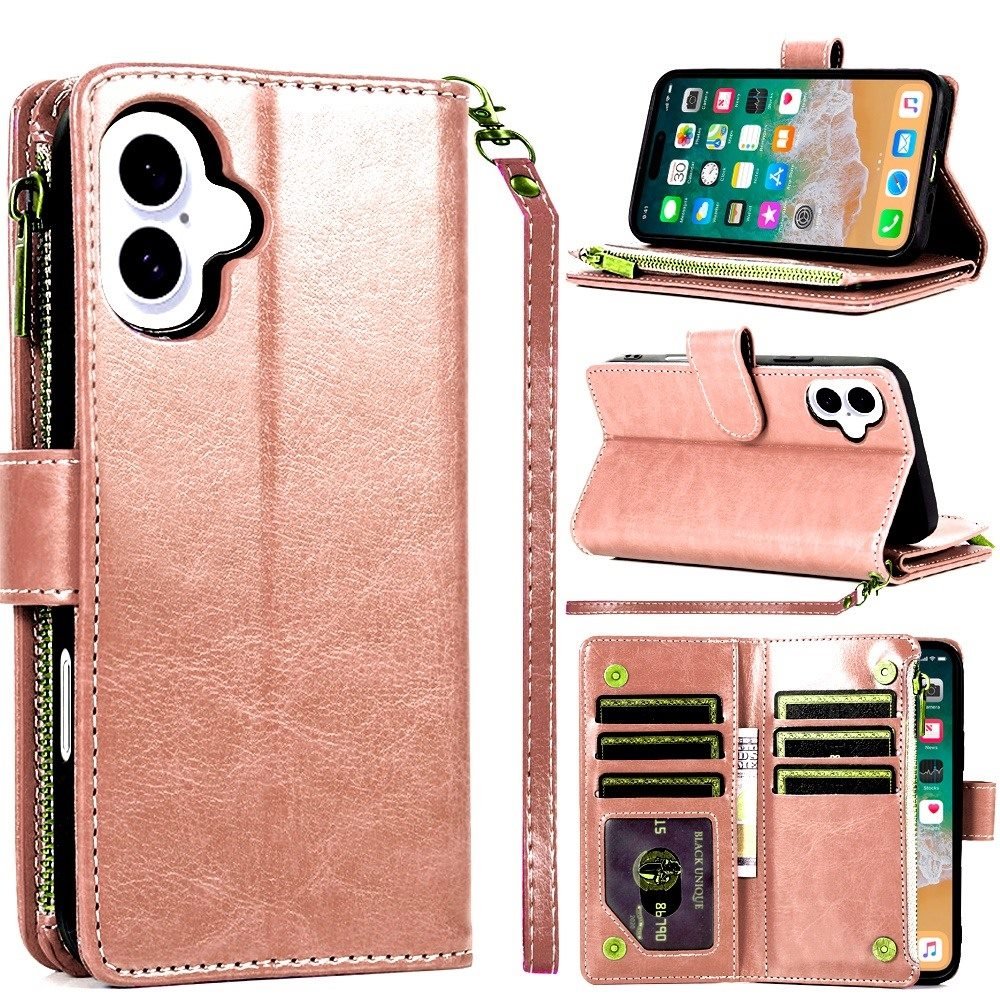 for iphone 16 plus 6.7 inch luxury wallet card id zipper money holder case cover rose gold