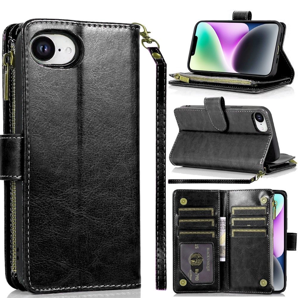 for iphone 17e / 16e / se4 luxury wallet card id zipper money holder black