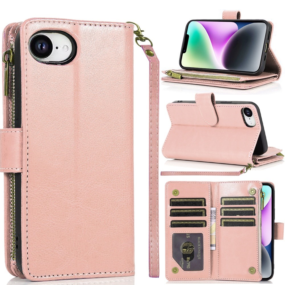 for iphone 17e / 16e / se4 luxury wallet card id zipper money holder rose gold