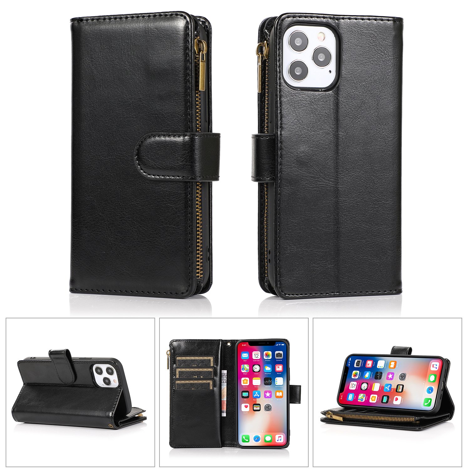for iphone 15 plus luxury wallet card id zipper money holder case cover black