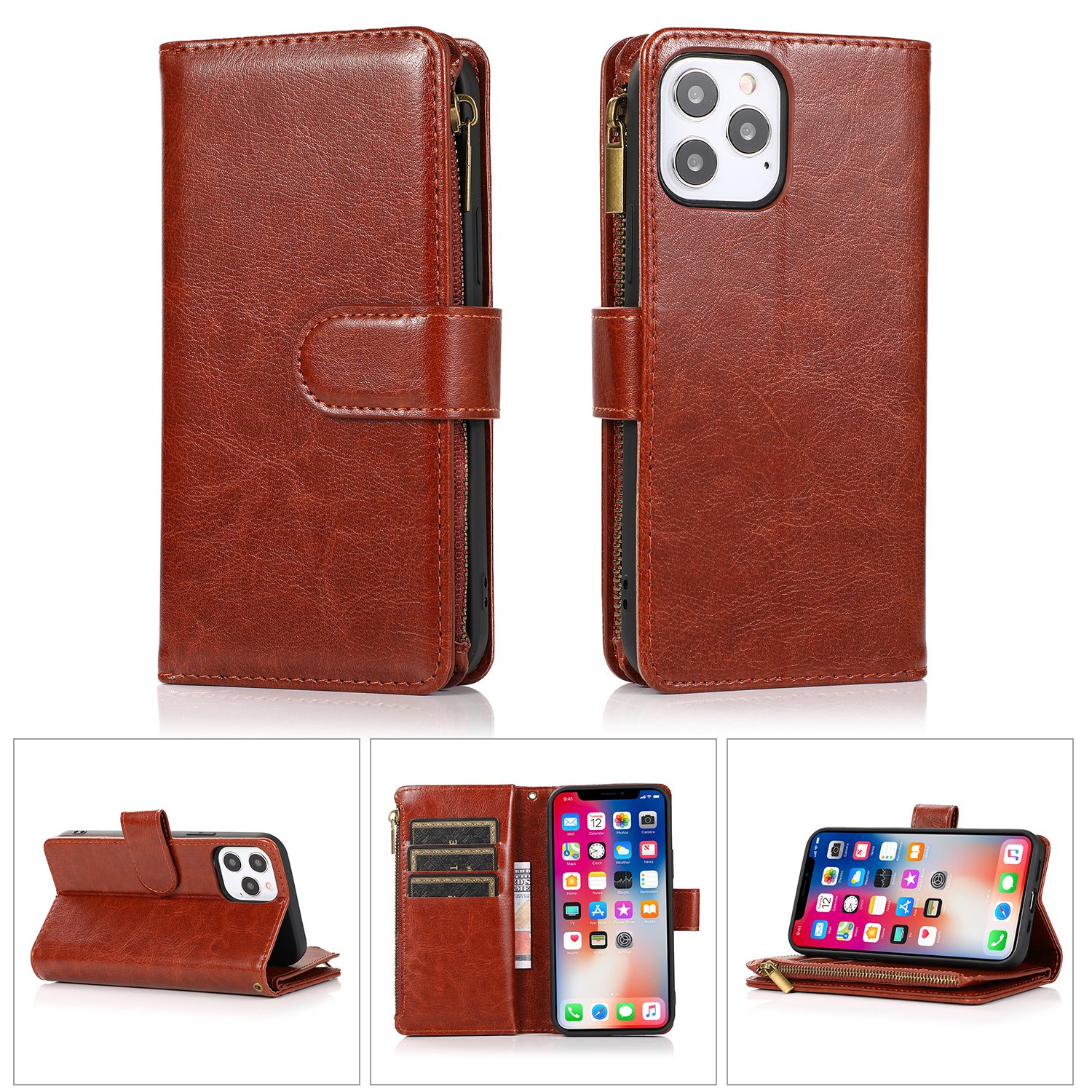 for ip15 pro max luxury wallet card id zipper money holder case cover brown