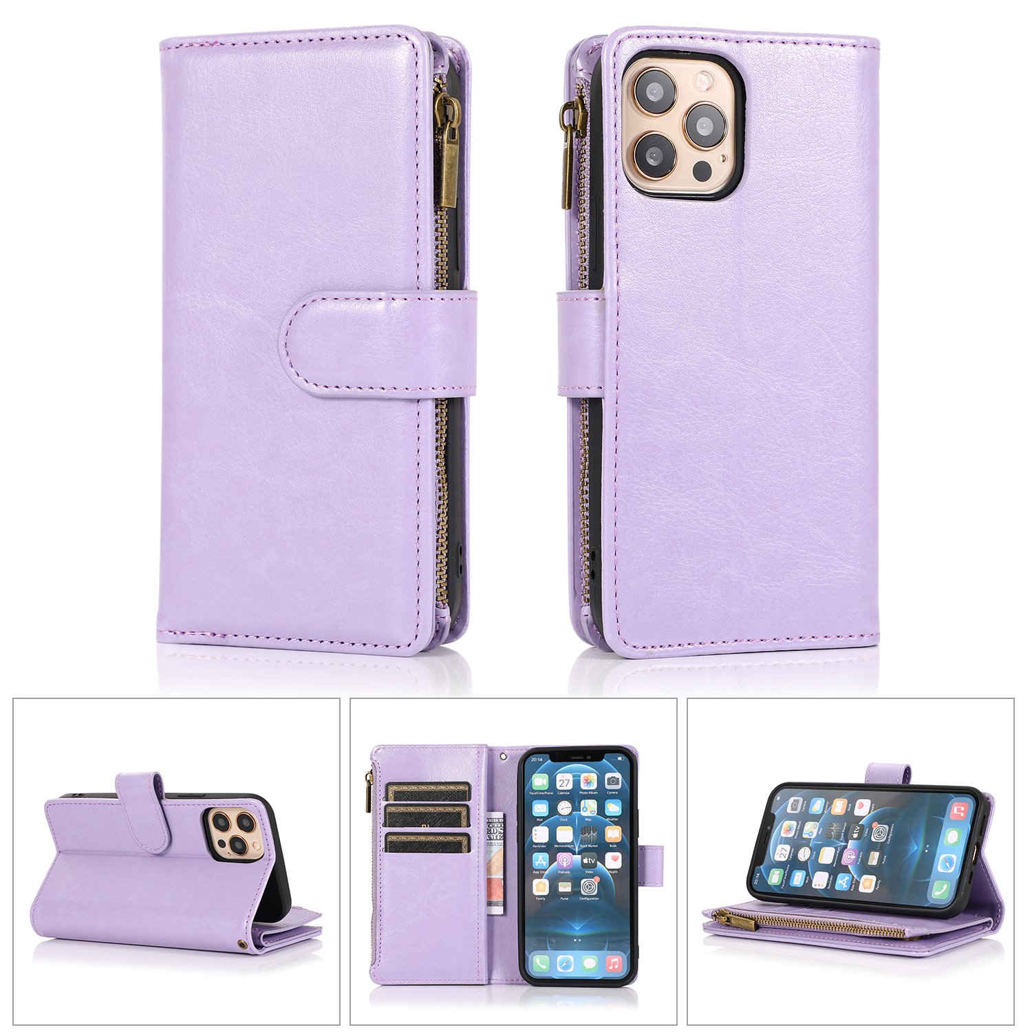 for iphone 15 luxury wallet card id zipper money holder case cover lavender
