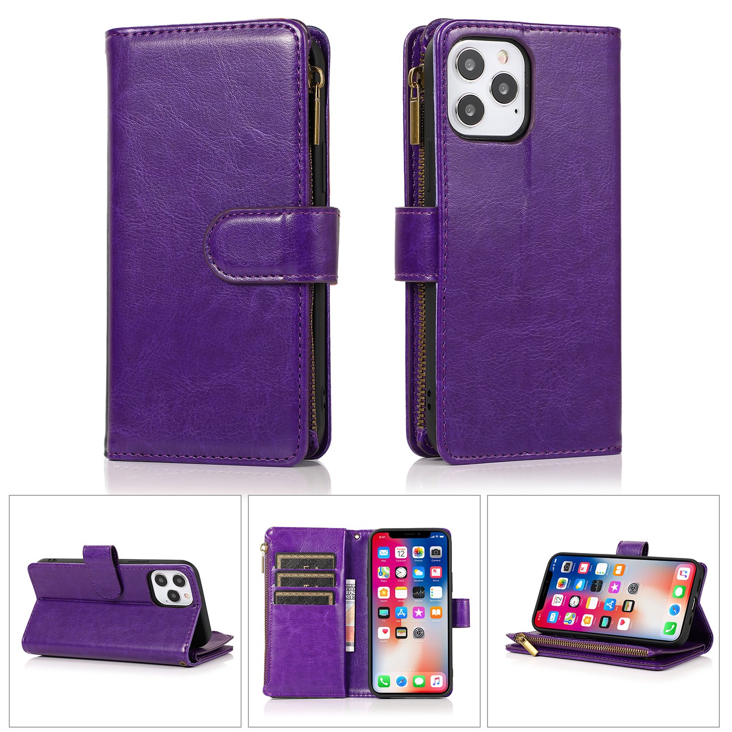 for iphone 15 luxury wallet card id zipper money holder case cover dark purple