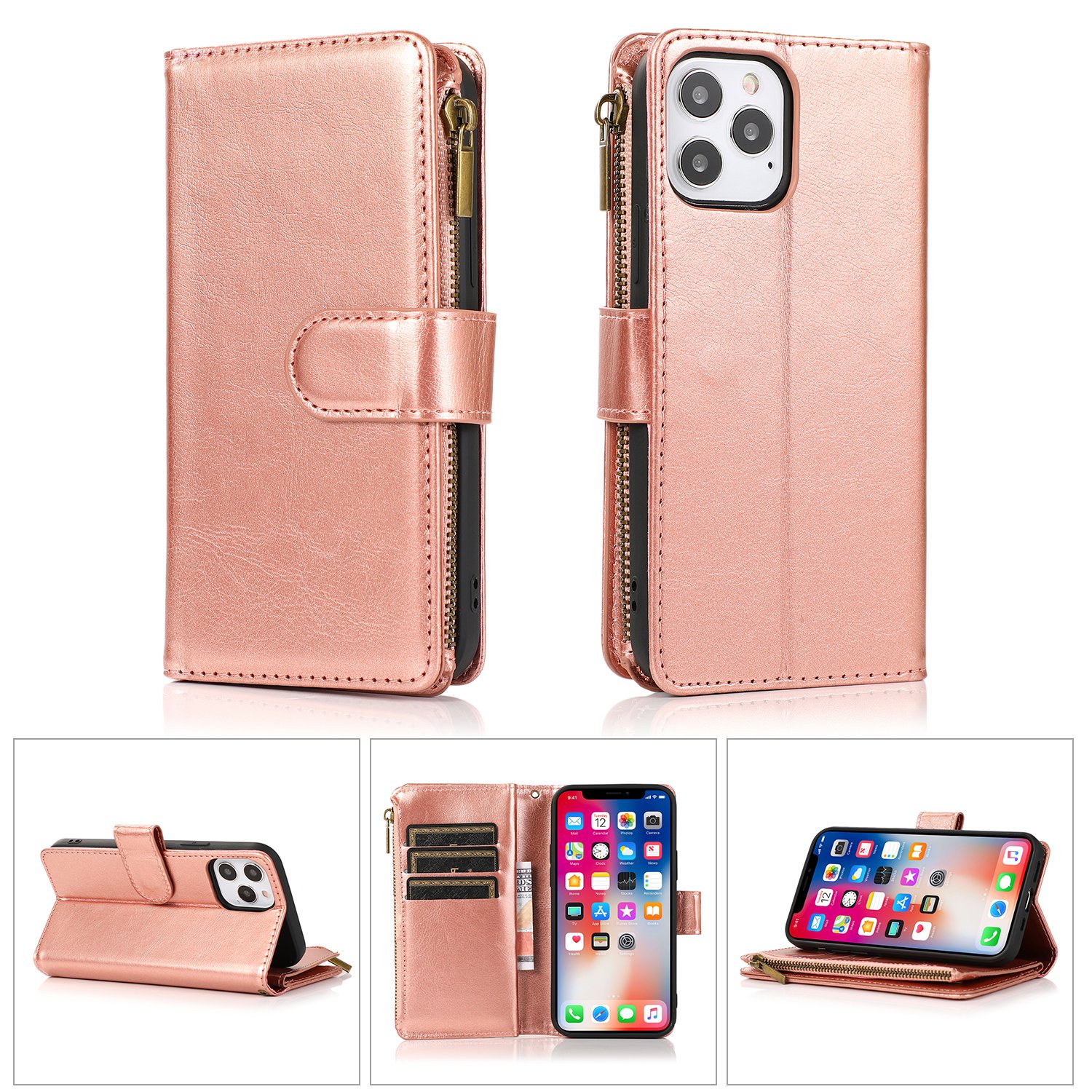 for ip15 pro max luxury wallet card id zipper money holder case cover rose gold