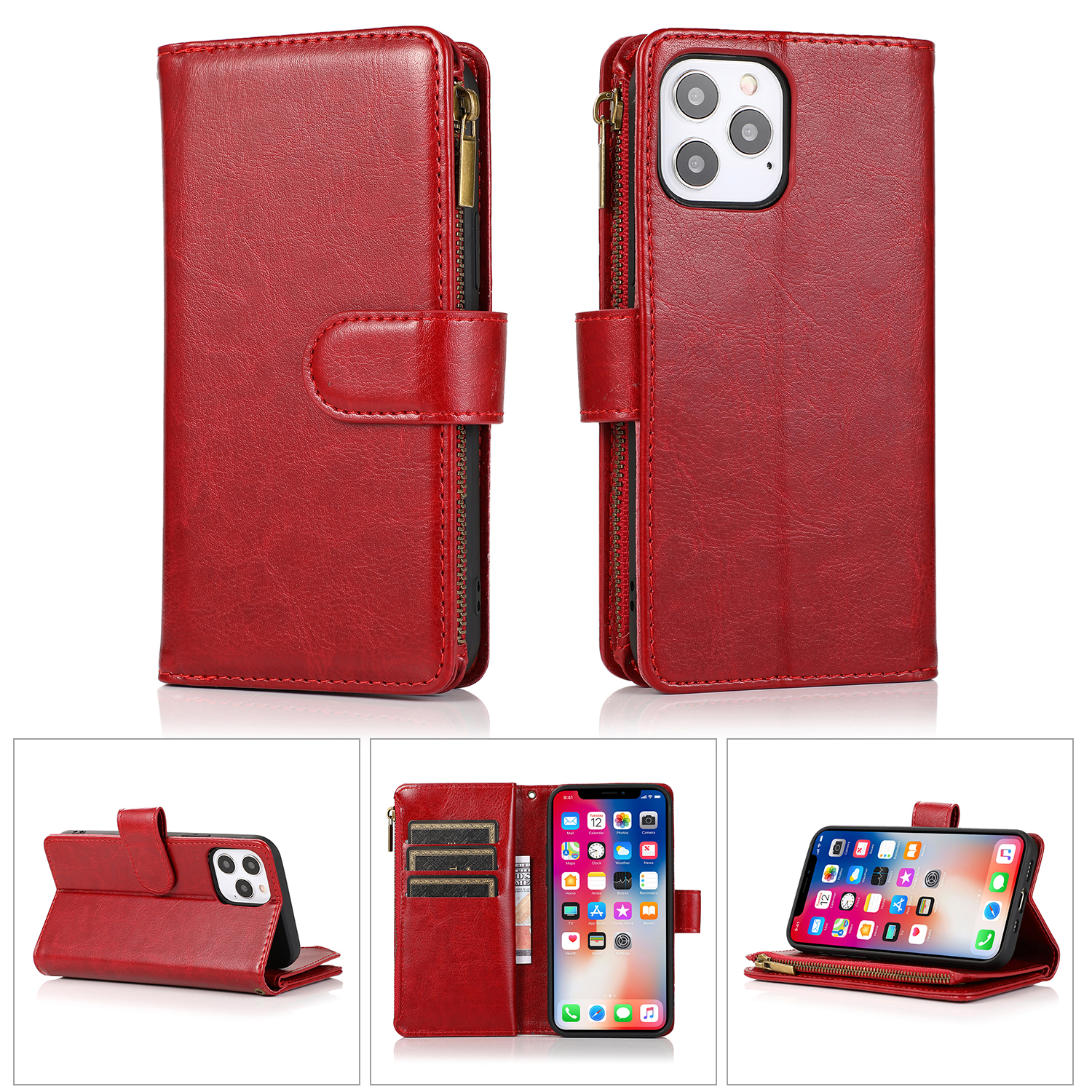 for iphone 15 plus luxury wallet card id zipper money holder case cover red