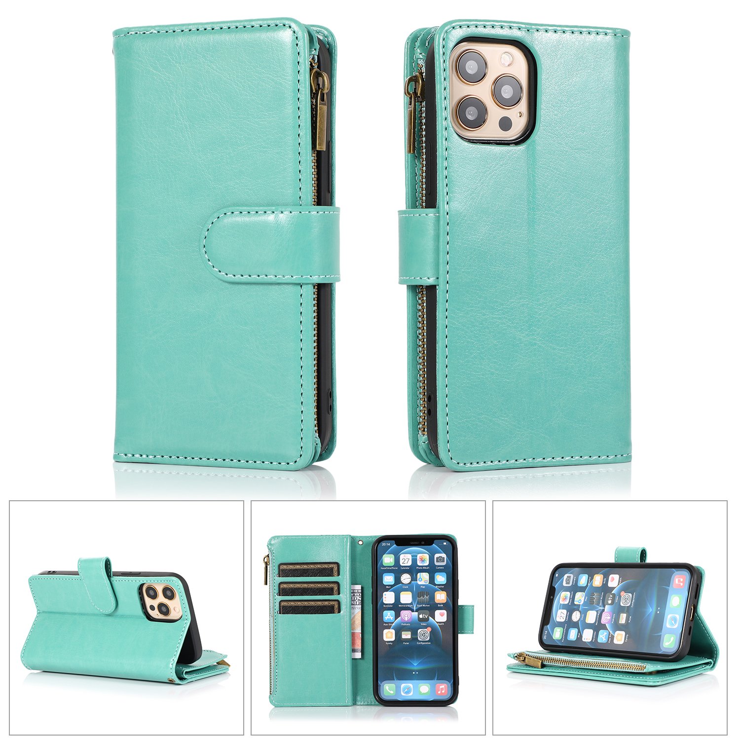 for iphone 15 luxury wallet card id zipper money holder case cover teal
