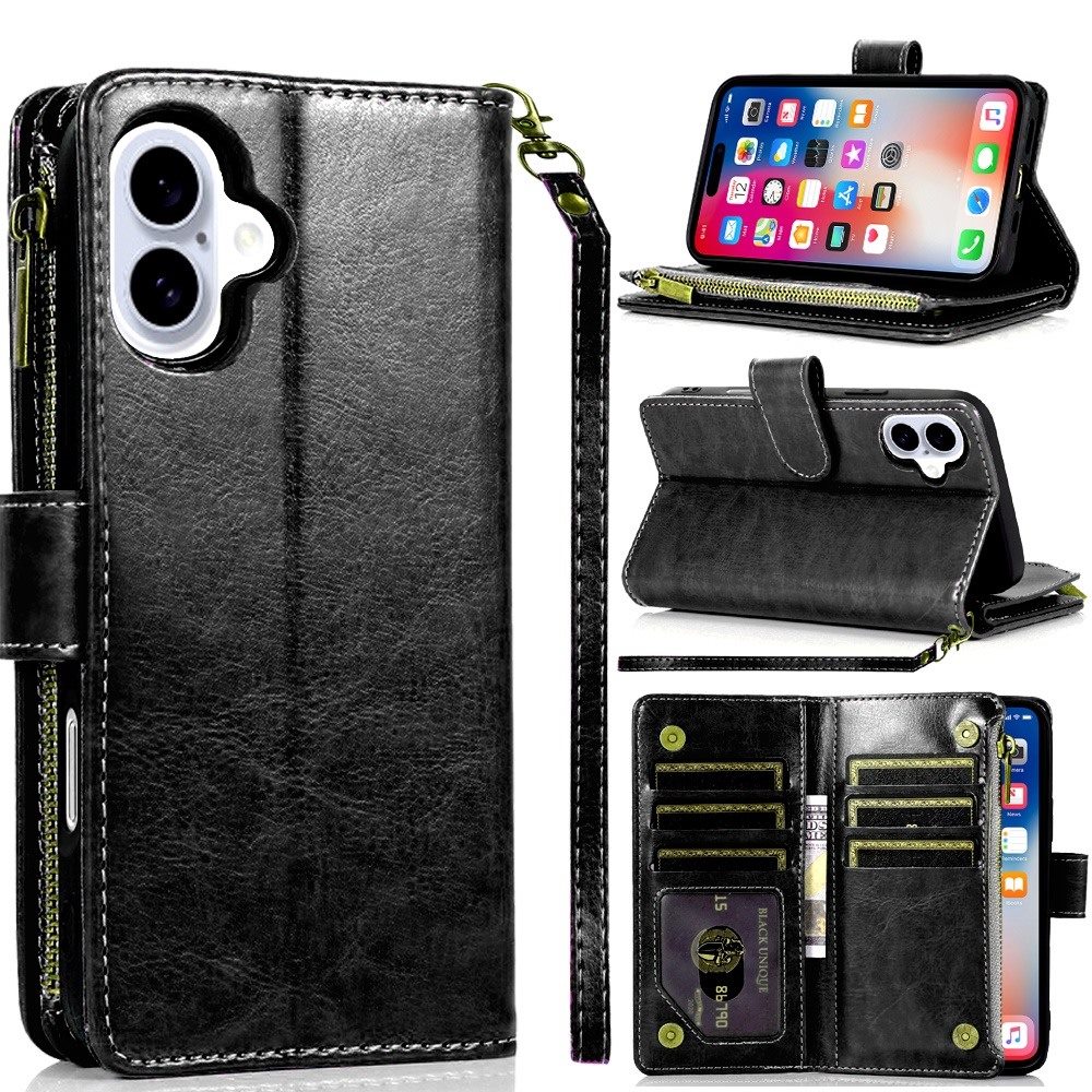 for iphone 16 6.1 inch luxury wallet card id zipper money holder case cover black