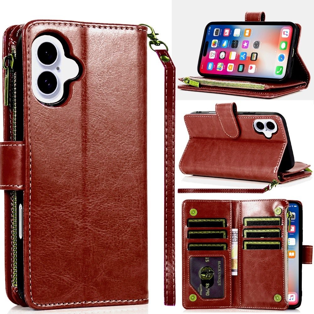 for iphone 16 6.1 inch luxury wallet card id zipper money holder case cover brown