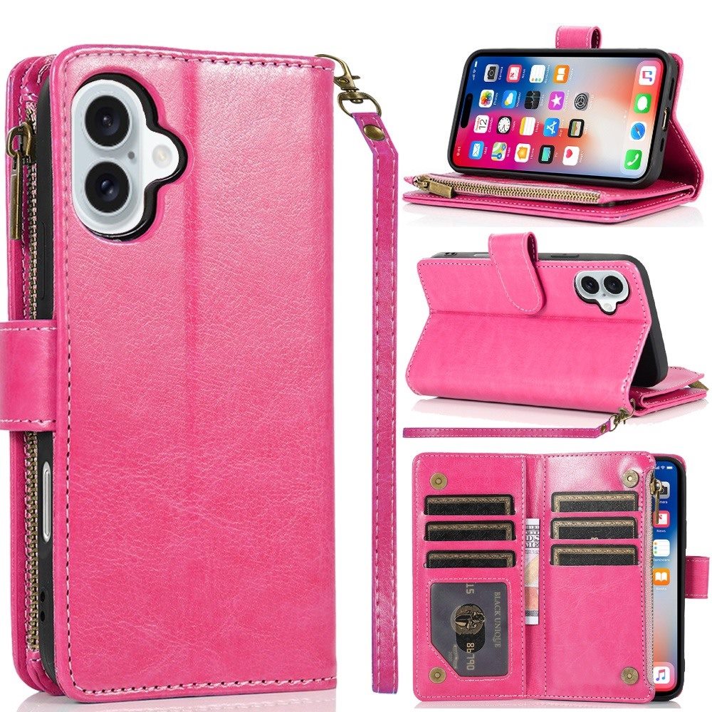 for iphone 16 6.1 inch luxury wallet card id zipper money holder case cover hot pink