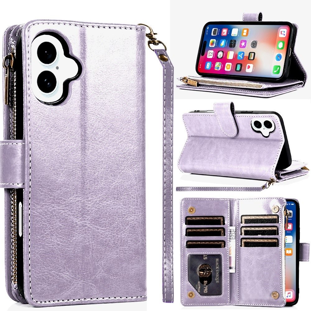 for iphone 16 6.1 inch luxury wallet card id zipper money holder case cover lavender