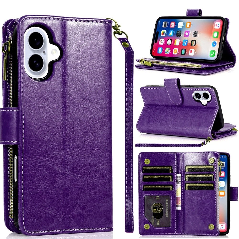 for iphone 16 6.1 inch luxury wallet card id zipper money holder case cover dark purple