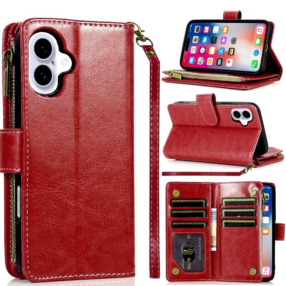 for iphone 16 6.1 inch luxury wallet card id zipper money holder case cover red