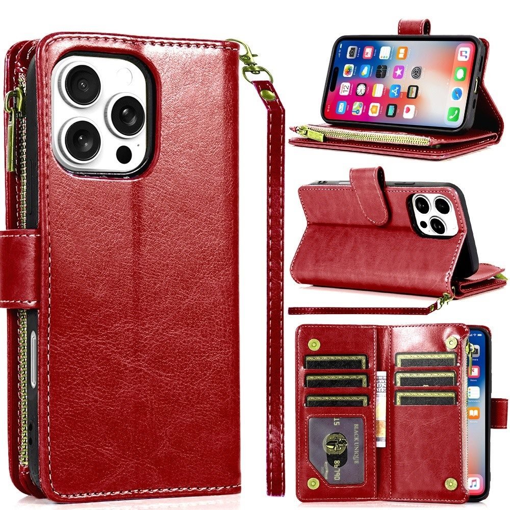 for iphone 16 pro 6.3 inch luxury wallet card id zipper money holder case cover red