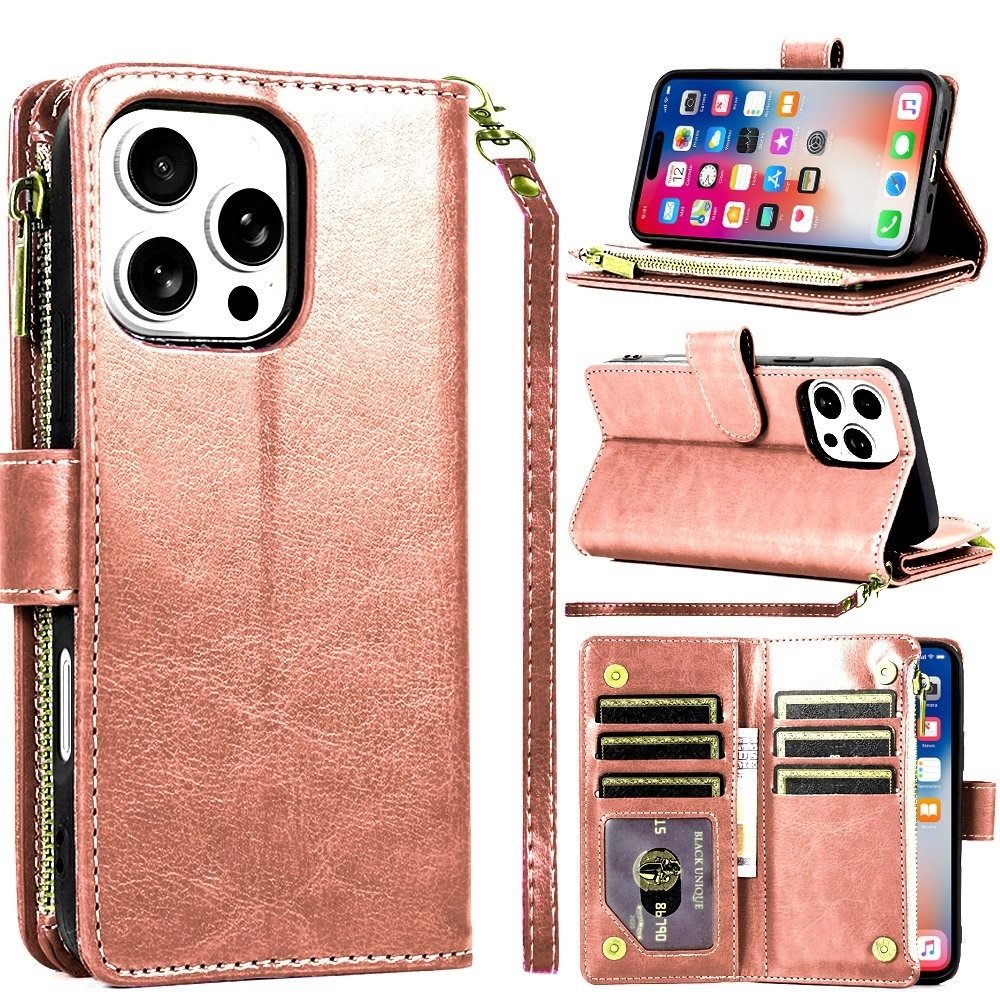 for iphone 16 pro 6.3 inch luxury wallet card id zipper money holder case cover rose gold