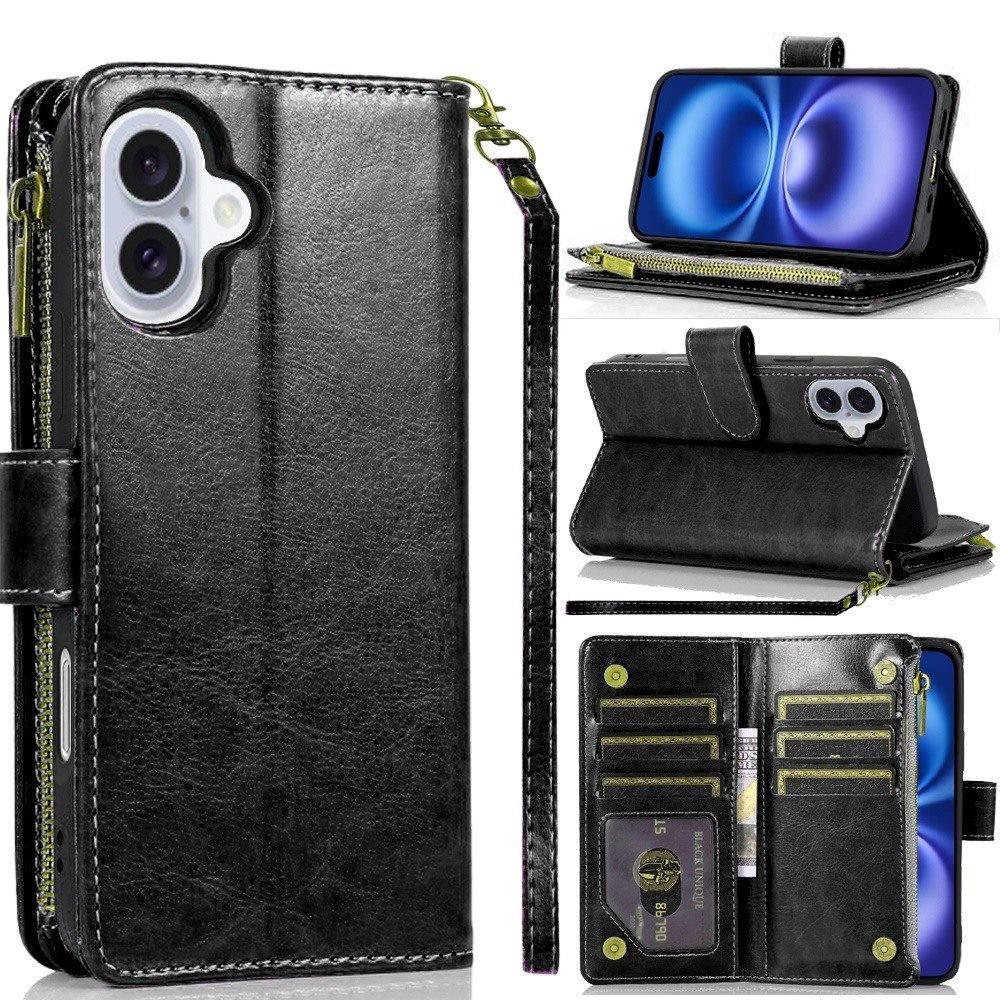 for iphone 17 luxury wallet card id zipper money holder case cover black
