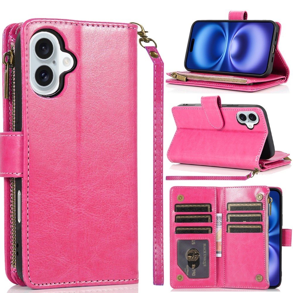for iphone 17 luxury wallet card id zipper money holder case cover hot pink