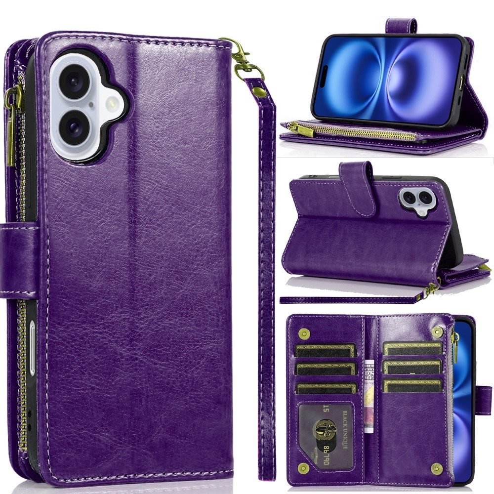 for iphone 17 luxury wallet card id zipper money holder case cover dark purple
