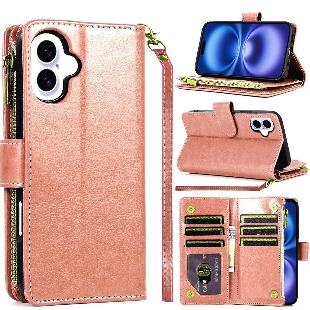 for iphone 17 luxury wallet card id zipper money holder case cover rose gold