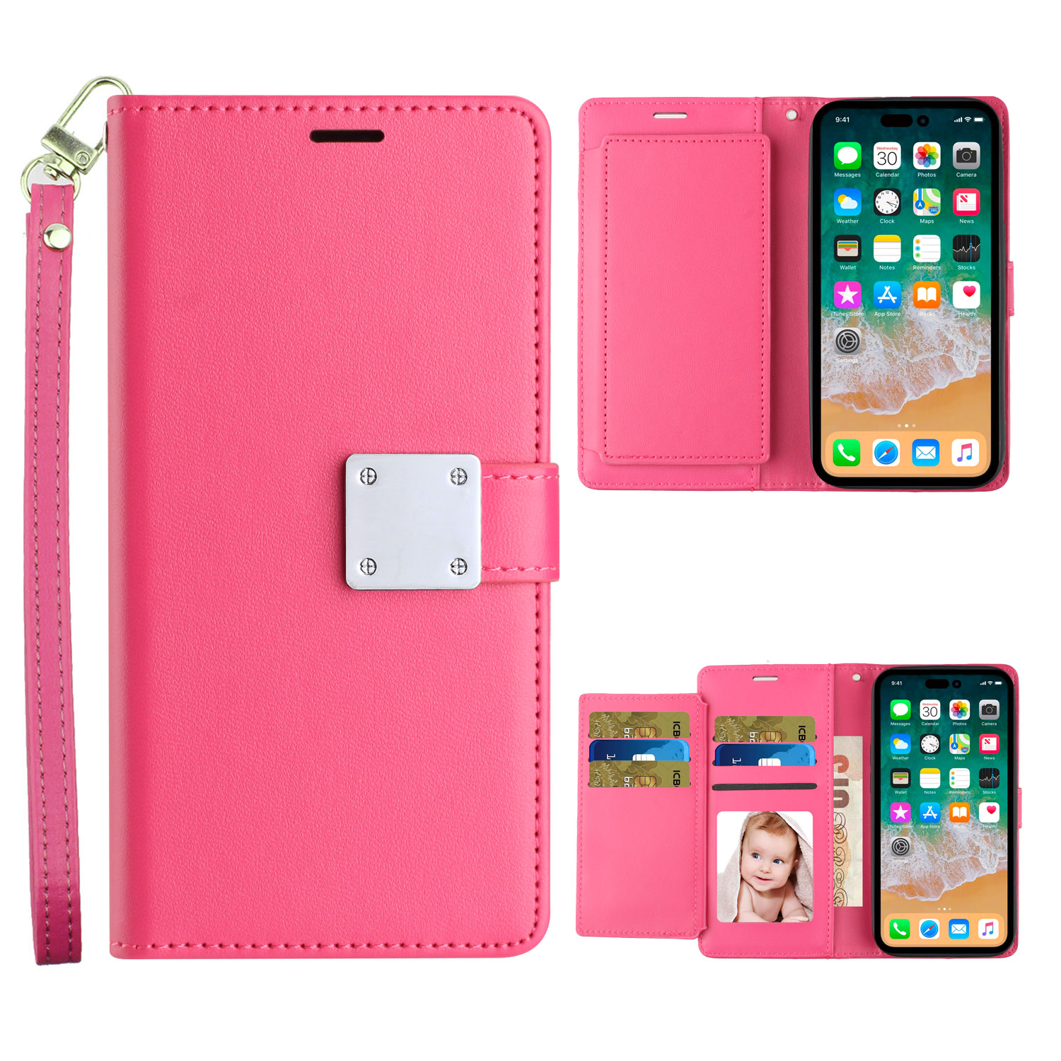 for iphone 13 pro max wallet id card holder case cover hot pink