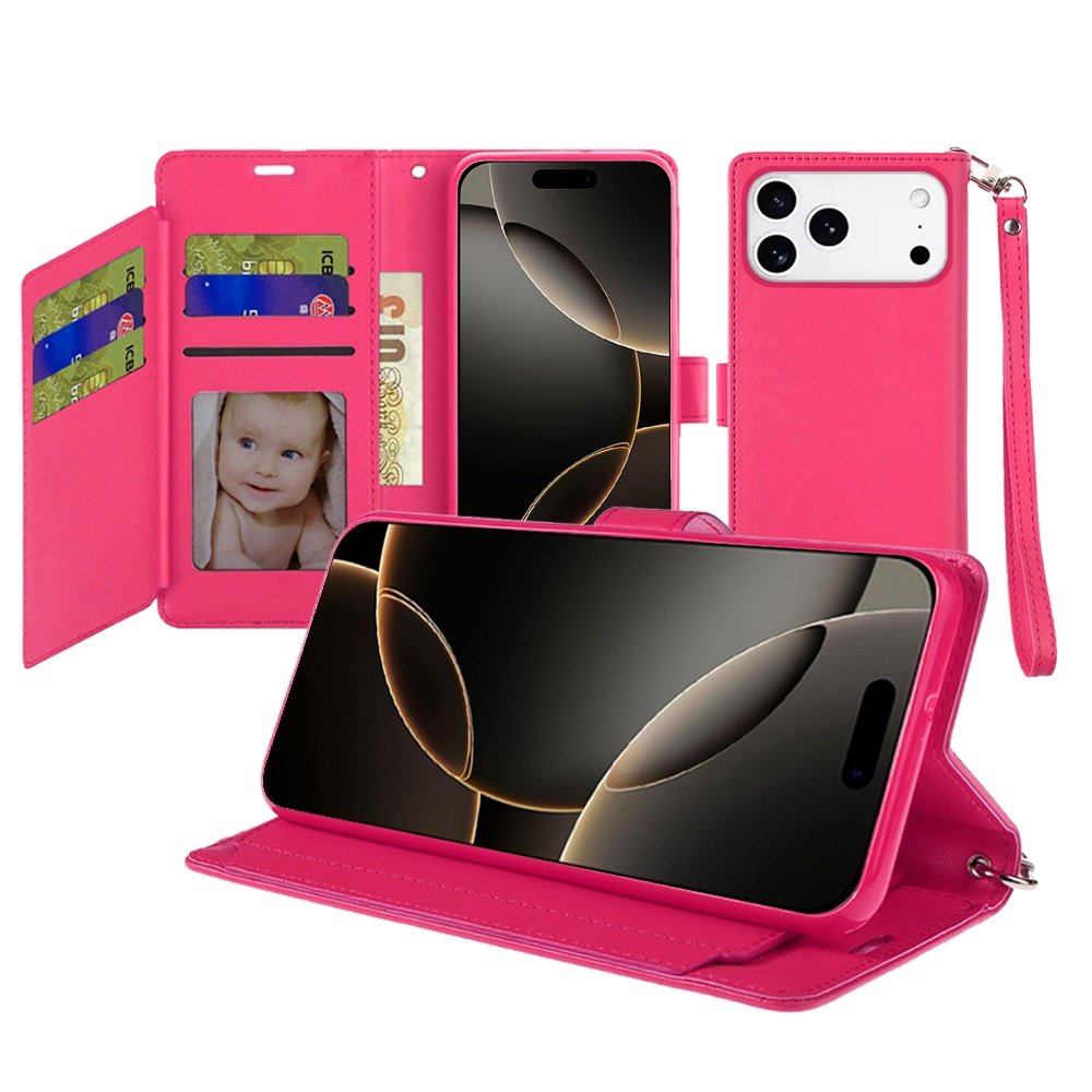 for iphone 17 pro max wallet id card holder case cover hot pink