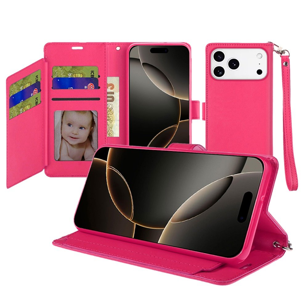 for iphone 17 pro wallet id card holder case cover hot pink