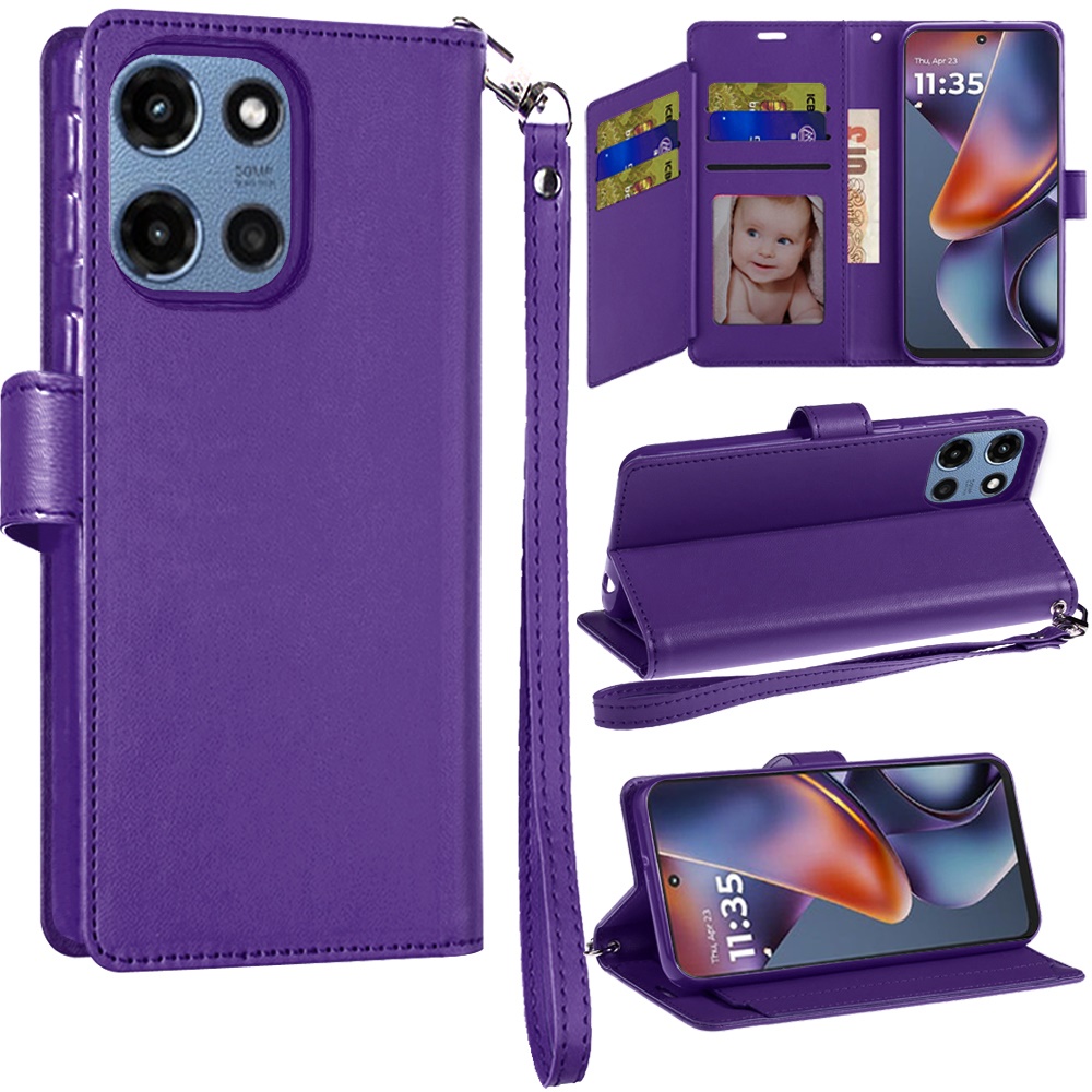 for moto g 5g 2025/2026 g play 2026 wallet id card holder case cover dark purple