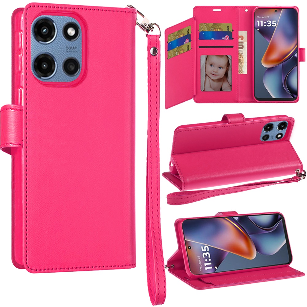 for moto g 5g 2025/2026 g play 2026 wallet id card holder case cover hot pink