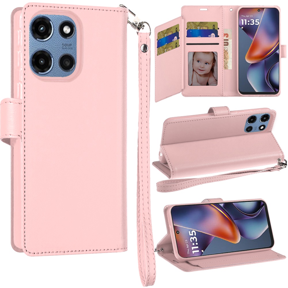 for moto g 5g 2025/2026 g play 2026 wallet id card holder case cover rose gold