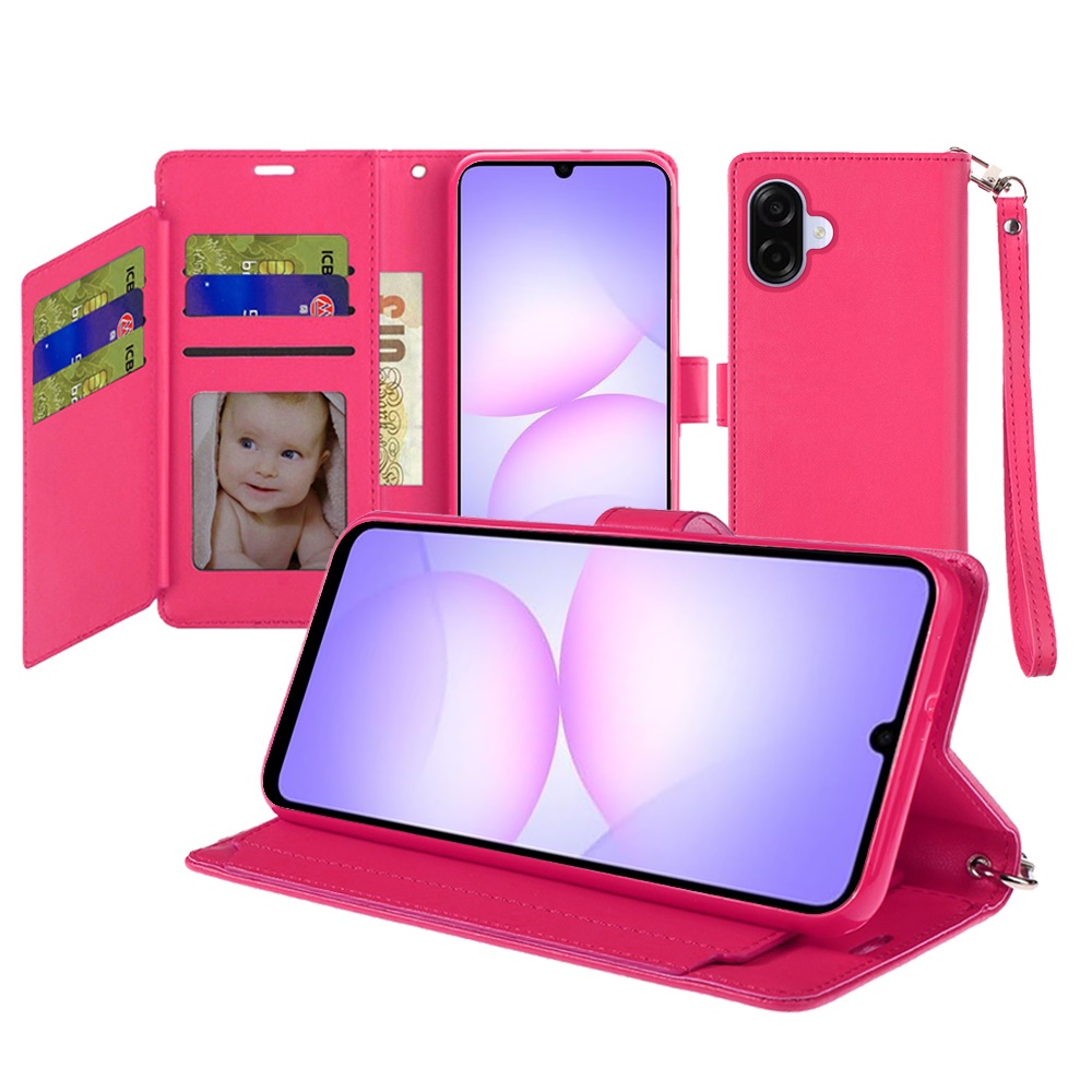 for samsung galaxy a07 wallet id card holder case cover hot pink