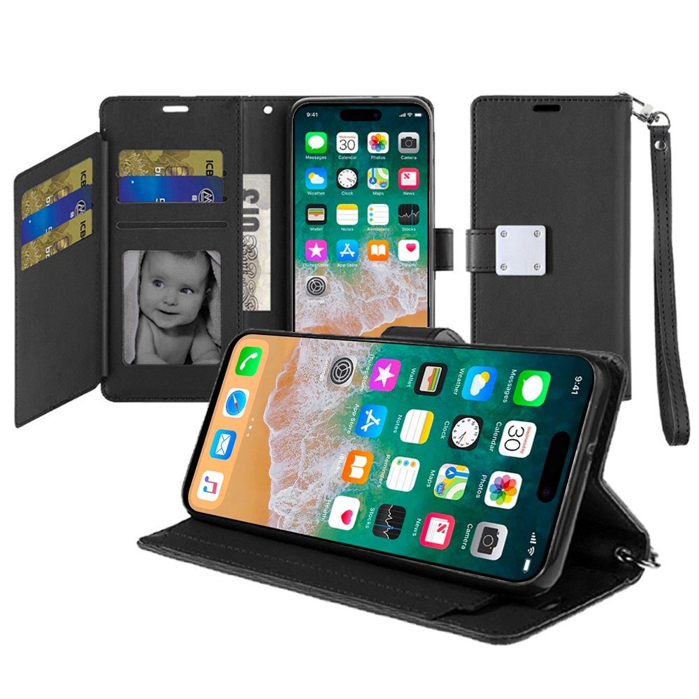 for iphone 16 pro max 6.9 inch wallet id card holder case cover black