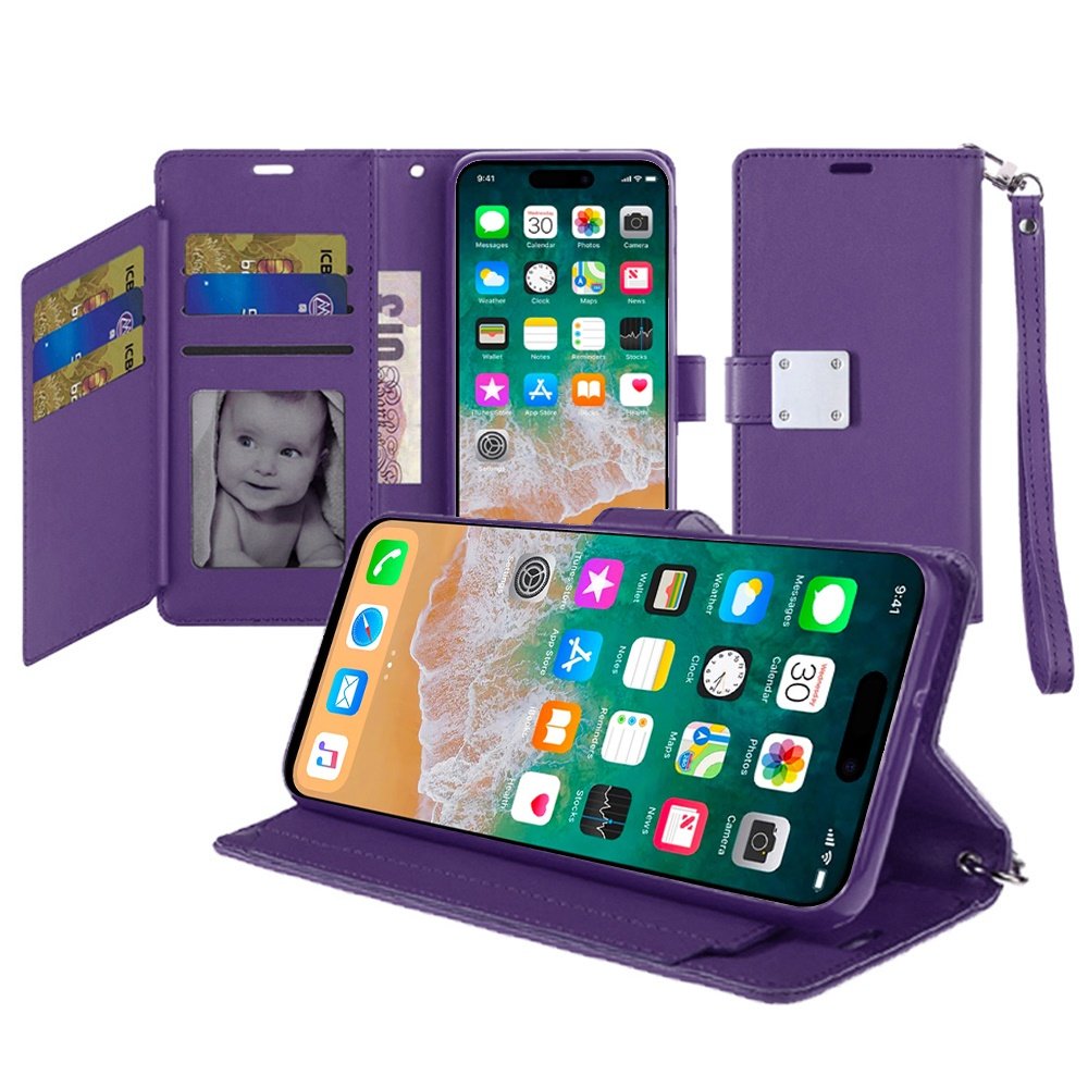for iphone 16 pro max 6.9 inch wallet id card holder case cover dark purple