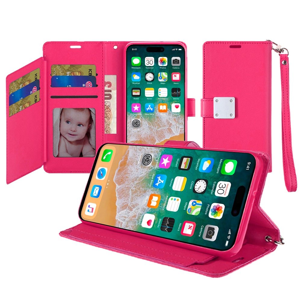 for iphone 16 pro max 6.9 inch wallet id card holder case cover hot pink