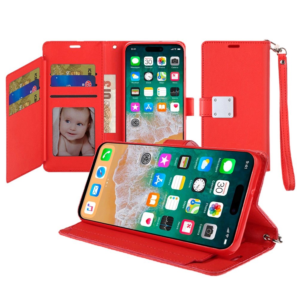 for iphone 16 pro max 6.9 inch wallet id card holder case cover red
